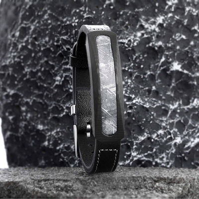 Largo 22cm Brazalete de cuero de acero inoxidable Meteorito de piedra Brazalete exquisito