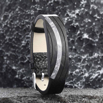 Meteorito de fibra de carbono ajustable Brazalete de cuero masculino longitud 16-19 cm