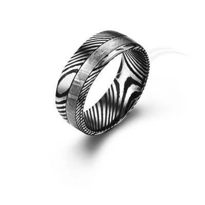 Anillo de compromiso de meteorito grabado Mujeres con patrones Widmanstatten genuinos